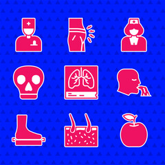 Wall Mural - Set Lungs x-ray, Hair covering skin, Apple, Vomiting man, Flat foot, Skull, Nurse and Male doctor icon. Vector