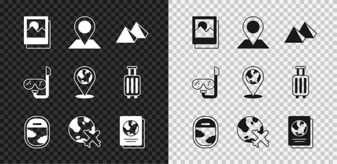 Poster - Set Photo, Location, Egypt pyramids, Airplane window, Globe with flying, Passport, Diving mask and snorkel and the globe icon. Vector