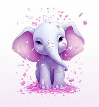Cute Cartoon Elephant With Confetti Sprinkles, A Low Poly Illustration, Adorable Character, Mascot, Concept, Digital Art