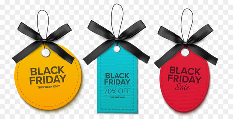 Wall Mural - Black Friday sale tags, Price labels with black ribbons. Vector