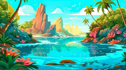 Wall Mural - Abstract background tropical island. The serenity of nature with a captivating banner design showcasing a tropical island surrounded by clear blue water of ocean. Generative AI.