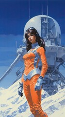 Poster - A painting of a woman in an orange space suit. Generative AI.