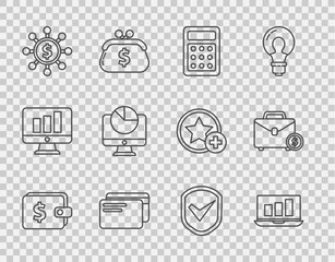 Poster - Set line Wallet with dollar, Laptop graph chart, Calculator, Credit card, Dollar, share, network, Computer monitor, Shield check mark and Briefcase and money icon. Vector