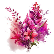 Magenta Flower Bouquet With Splashes, Vibrant Pink Floral Arrangement Watercolor Illustration Isolated With A Transparent Background, Vibrant Fuchsia Blossom Flowers Design Created With Generative AI
