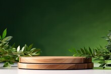 Wooden Round Tray Podium With Blurry Leaves Shadow On Green Background. Product Display Background Concept