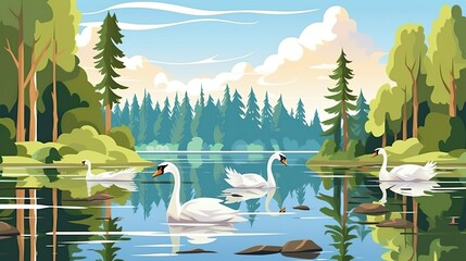 Wall Mural - abstract background lake with swans. design with a captivating illustration of a serene lake, accomp