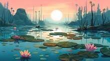 Abstract Background Swamp With Water. Banner Design With An Enchanting Illustration Of A Lush Swamp Adorned With Water And Flowers, Set Against Nature-inspired Background. Generative AI.