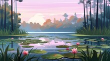 Abstract Background Swamp With Water. Eye-catching Banner Design Showcasing An Intricate Illustration Of A Picturesque Swamp Adorned With Water And Floating Lilies. Generative AI.
