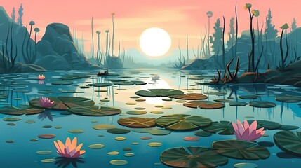 Abstract background swamp with water. Banner design with an enchanting illustration of a lush swamp adorned with water and flowers, set against nature-inspired background. Generative AI.