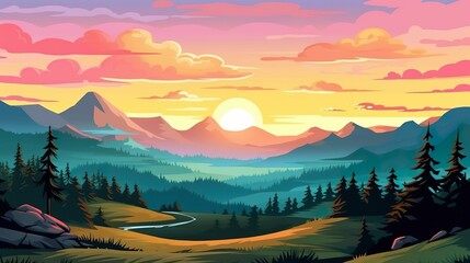 Poster - Abstract background dawn in the mountains. Engaging banner design featuring an intricate illustration capturing the beauty of nature at dawn in the majestic mountains. Generative AI.