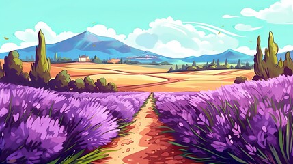 Wall Mural - Abstract background lavender fields. A stunning banner design with an illustration that captures the beauty of lavender fields in nature. Generative AI.
