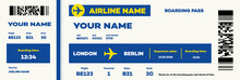 Blue Low Cost Airline Boarding Pass Template. Airplane Ticket Mock Up Includes All Basic Flight Information Like Passenger Name, Gate, Seat, Date, Time Of Flight Etc. Vector Illustration.