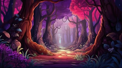 Wall Mural - Abstract background mysterious forest. Mesmerizing banner design with a pink neon-tinged illustration of a mysterious forest in nature. Generative AI.
