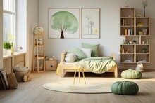 Bright And Natural Children's Bedroom Interior With Wooden Furniture Designer Equipment And A Poster On A White Wall