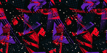 Abstract Seamless Sport Pattern. Urban Art Vector Grunge Texture With Neon Lines, Chaotic Brush Strokes, Ink Elements, Dots. Colorful Graffiti Background. Black, Red, Purple Color. Trendy Geo Design