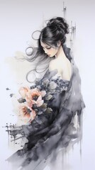 Wall Mural - A painting of a woman holding a bouquet of flowers. Generative AI.