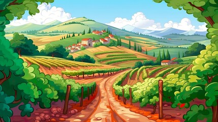 Wall Mural - Abstract background vineyard. Designing of a captivating banner with an illustration of a vineyard set against a scenic natural background. Generative AI.