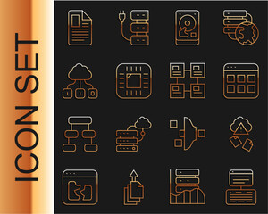 Poster - set line server, data, web hosting, cloud hacking, browser files, hard disk drive hdd, processor wit