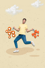 Aufkleber - Collage of successful influencer popularity instagram boyfriend famous person hold likes reposts hearts fans isolated on beige background