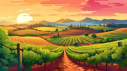 Wall Mural - Abstract background vineyard. A captivating banner design showcasing a beautifully illustrated vineyard with a mesmerizing sunset backdrop. Generative AI.