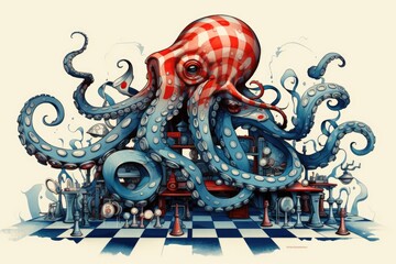 Wall Mural - An octopus sitting on top of a checkered floor. Generative AI.