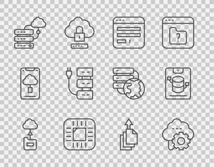 Poster - set line cloud technology data transfer, browser window, processor with cpu, network cloud connectio