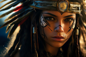 Canvas Print - young amazonian brazilian native warrior woman, woman wearing face makeup and tattoos.