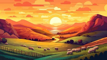 Wall Mural - abstract background hills and valleys. stunning banner with an illustrated background of sunlit vall