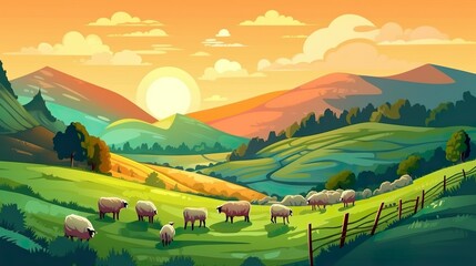Wall Mural - Abstract background hills and valleys. Enchanting illustration showcasing sheep grazing in picturesque valleys at sunset. Generative AI.