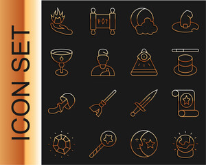 Sticker - Set line Magic ball, scroll, hat and wand, Moon stars, Wizard warlock, Medieval goblet, Hand holding fire and Masons icon. Vector