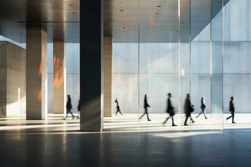 blurred people walking in modern city by generative ai