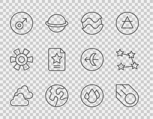 Wall Mural - Set line Cloudy weather, Comet, Planet, Earth globe, Mars symbol, Star constellation zodiac, Water drop and icon. Vector