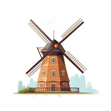 2D Illustration Of A Windmill Isolated On A White Background. The Windmill Has Four Long And Large Blades. Windmills Are Used In Agriculture.
