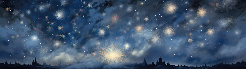 Poster - Panoramic view of the night sky with stars and fireworks. generative ai