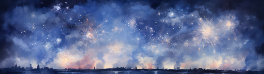 Poster - Fireworks in the night sky. Panoramic panorama. generative ai
