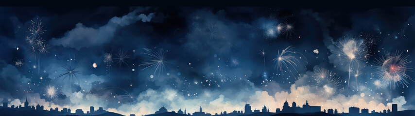 Poster - New Year's Eve Fireworks Celebration Cityscape Panoramic Banner generative ai