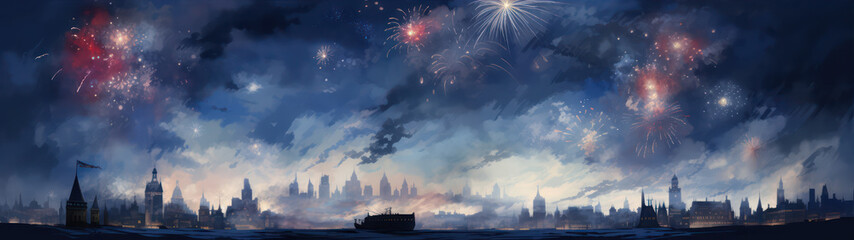 Poster - Fireworks over cityscape at night, panoramic banner generative ai