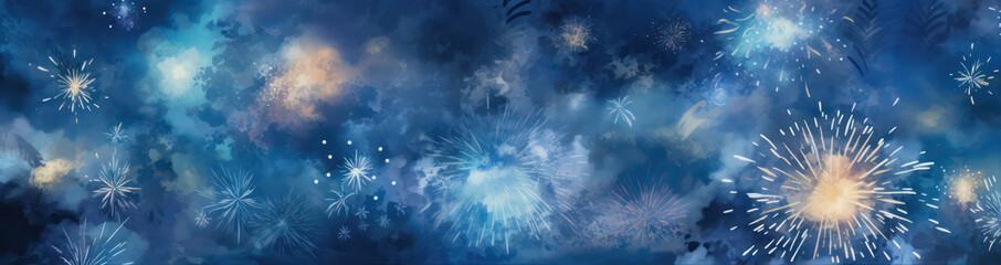 Poster - Fireworks on blue sky, panoramic banner with copy space generative ai