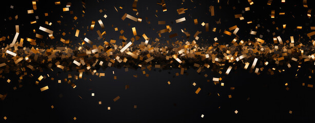 Poster - Golden glitter confetti on black background. Festive vector illustration. generative ai