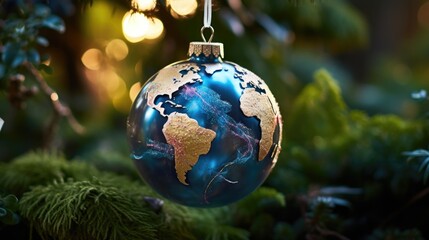 A globe ornament hanging from a christmas tree. Generative AI.