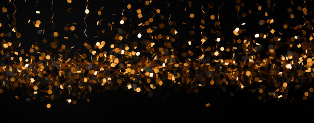 Poster - Golden confetti on black background. Festive background with bokeh effect. generative ai