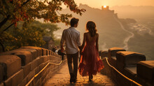 Couple Walking On The Great Wall Of China At Sunset. Travel And Leisure Concept. Generative AI.
