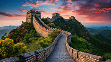 Big Great Wall Of China At Sunset,panoramic View. Generative AI.