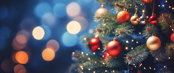 Poster - Christmas tree with ornaments on blurred bokeh background. generative ai