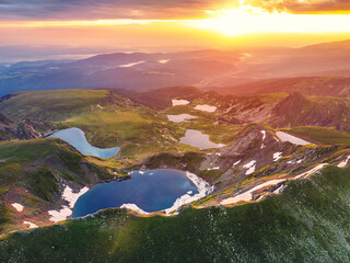 Poster - Aerial panoramic view of Seven Rila lakes and waterfalls in nature of mountain range, hiking, trekking and tourism in Bulgaria