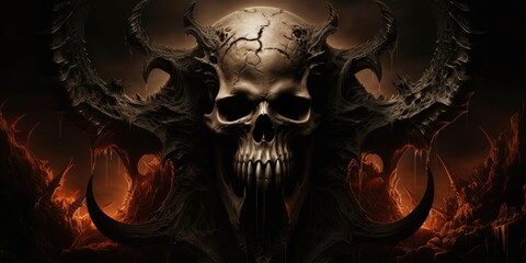 Wall Mural - Terrifying giant skeleton skull gateway to demonic lord of hatred in hell, fire and lava landscape of destruction - only death of souls awaits in this evil underworld - generative AI