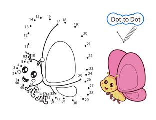 Wall Mural - Children riddle dot to dot game. Kids activity education worksheet with cartoon butterfly. Finish drawing image of cute insect. Vector illustration.