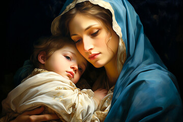 Wall Mural -  Holy Mary holding baby Jesus Christ in her arms. Graphic representation. AI generativ.