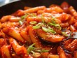 Top view flat lay shot of rabokki, tkeokbokki or topokki with ramen, a Korean street food spicy rice cakes in red pepper gochujang sauce and sesame seed. Generative AI.