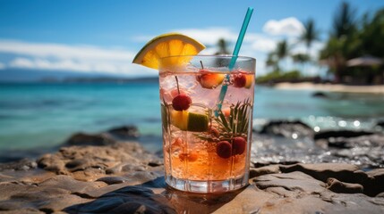 Canvas Print - cocktail, lemonade, lemon water on the beach